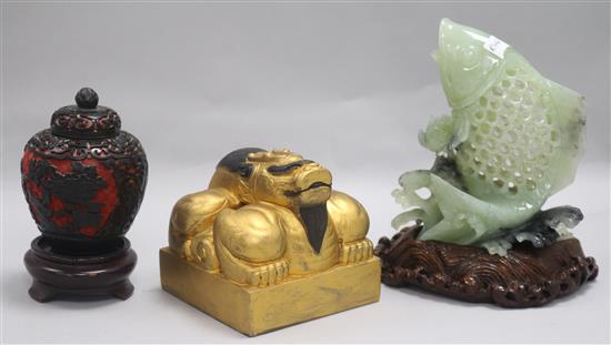 A hardstone carp, stand, a lacquer jar, cover and seal H.18cm